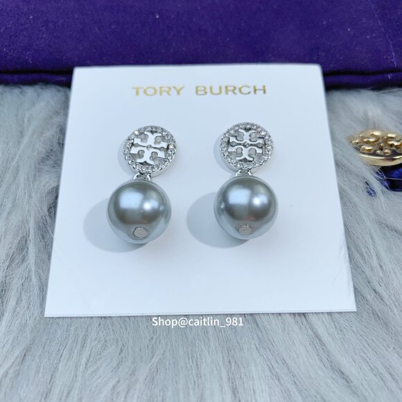 Tory Burch Miller Pavé Pearl Drop Earrings in Silver (Brand New) - Picture 3 of 5